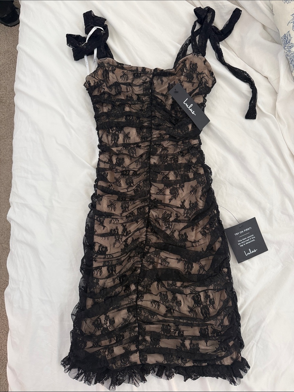 Lulu's Black Lace Overlay Ruched Mini Dress
